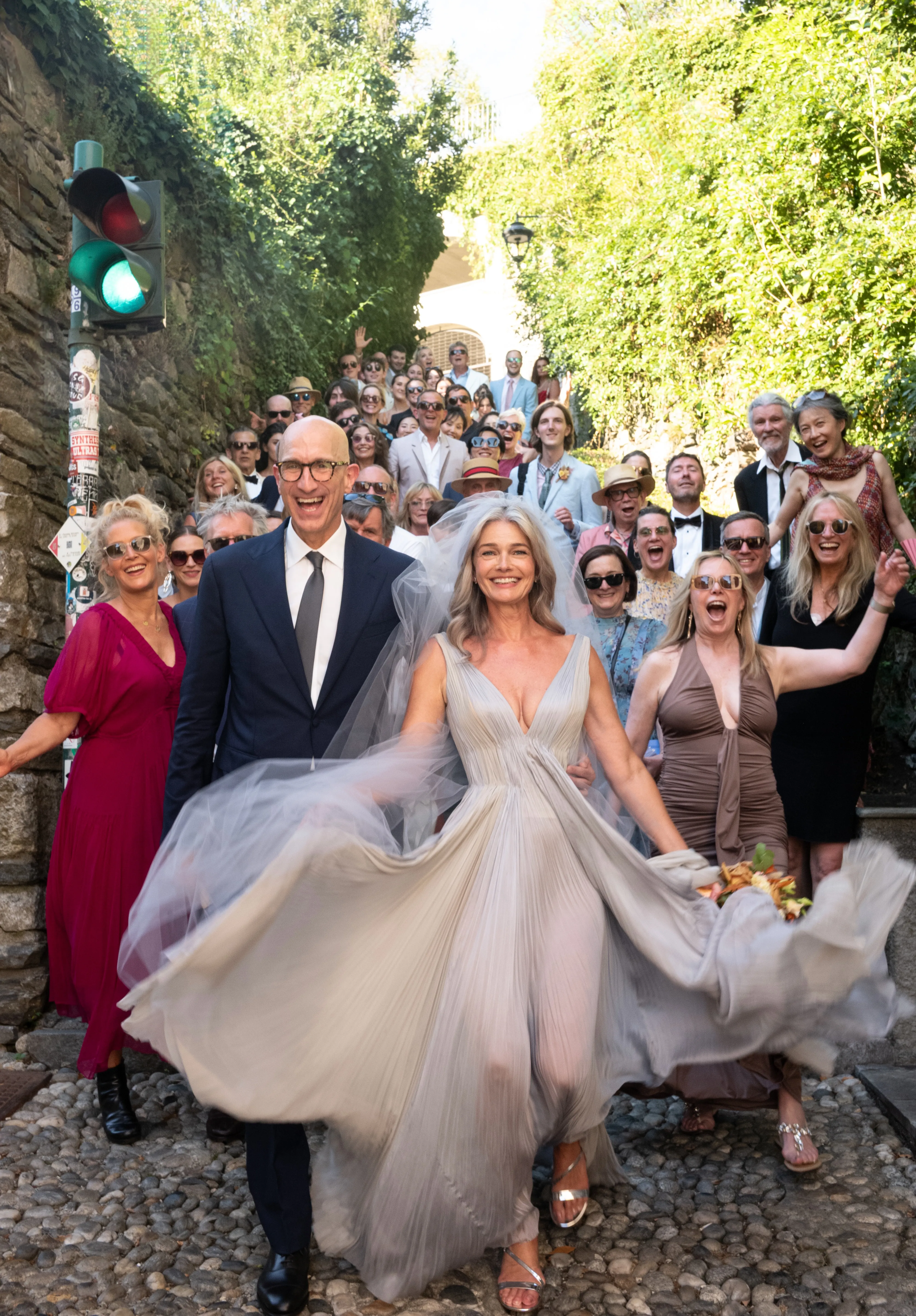 Paulina Porizkova Wore a Pleated Dress Inspired by Water for Her Lakeside Italian Wedding to Jeff Greenstein