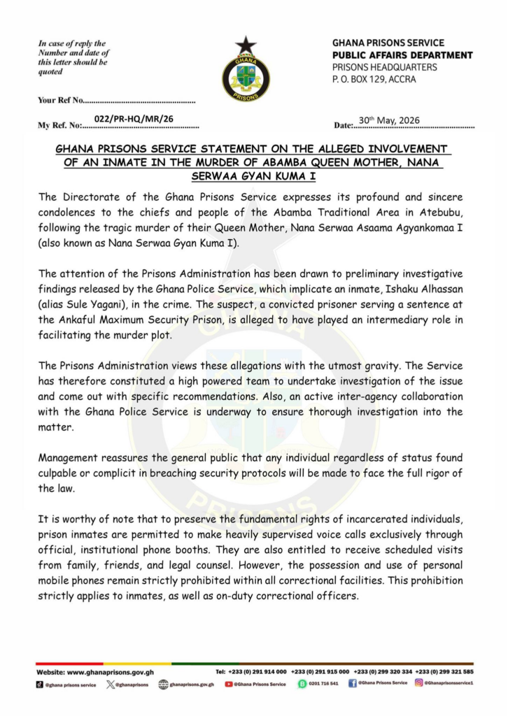 Prisons Service launches investigation after inmate linked to murder of Abamba Queen Mother