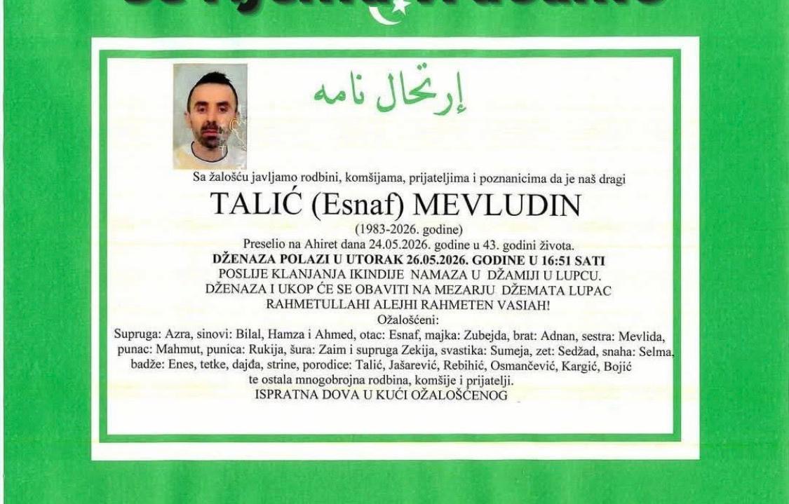 Tuga: U 43. godini života preminuo Mevludin Talić, iza njega ostala tri sina i supruga