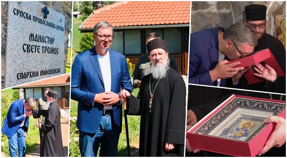 PREDSEDNIK VUČIĆ U MANASTIRU DUBNICA S VLADIKOM ATANASIJEM Dobio ikonu na dar: Naša je obaveza da čuvamo i obnavljamo svetinje koje su vekovima čuvale naš narod