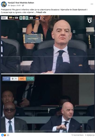 Montaža s Facebooka ne dokazuje da je Gianni Infantino bio na dvije tekme u isto vrijeme