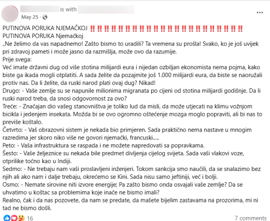 Nema dokaza da je Vladimir Putin uputio viralnu poruku Njemačkoj