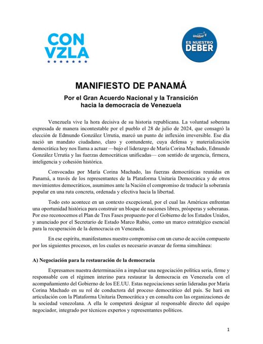 “Manifiesto de Panamá” plantea negociación entre MCM y el gobierno interino de Delcy Rodríguez con el acompañamiento de EEUU